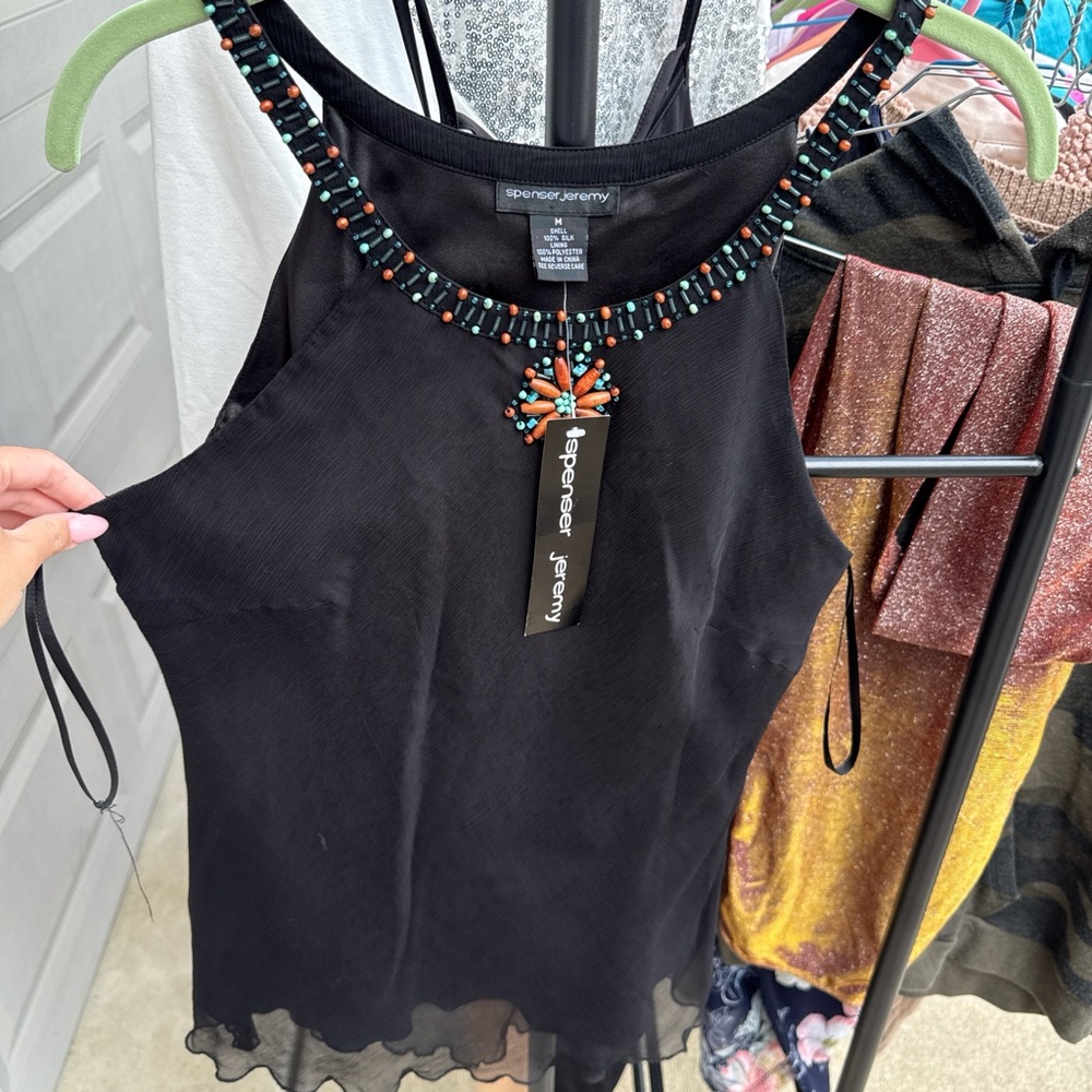 Spenser Jeremy Black Top with Beaded Neckline - Picture 1 of 3